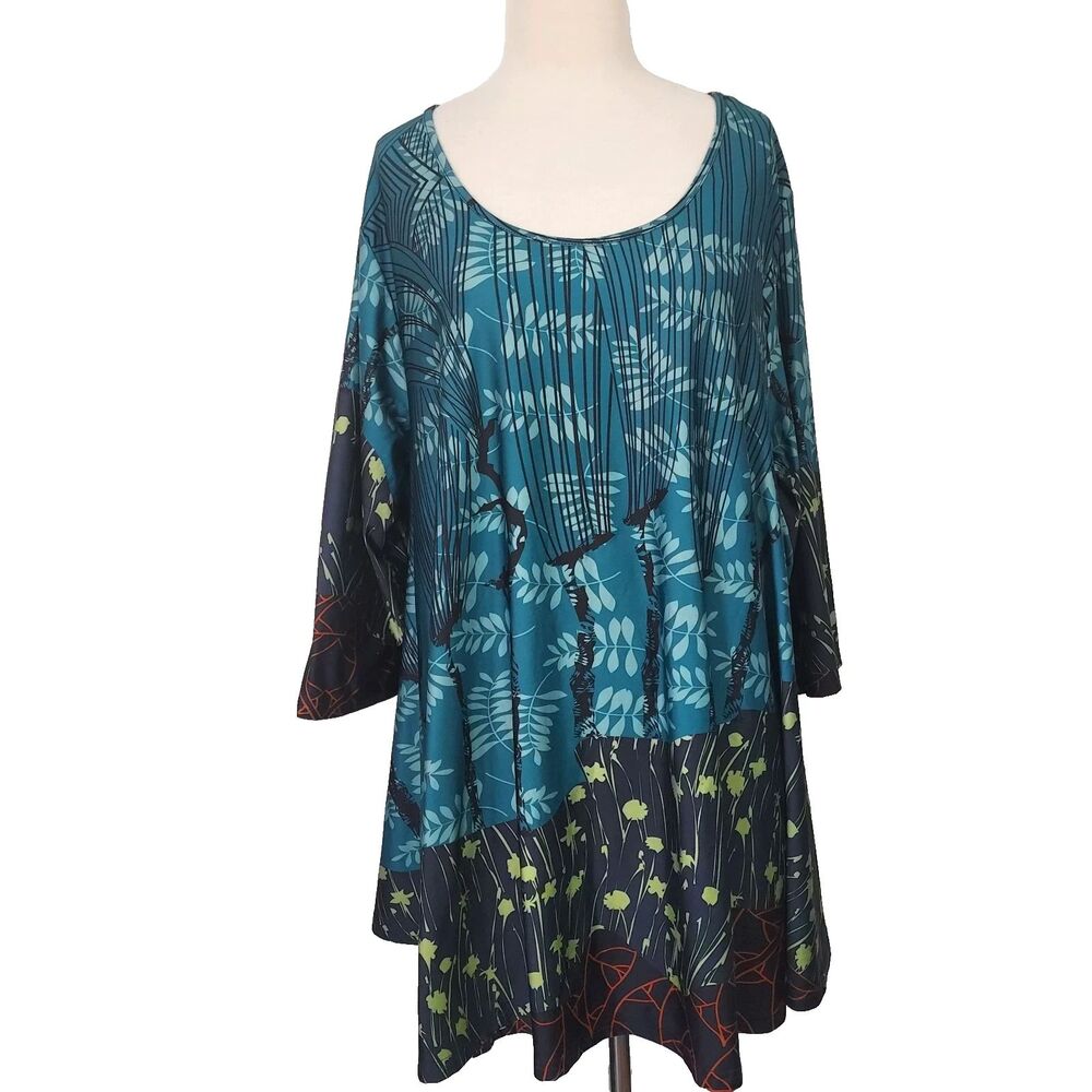 Simply Aster Women's Teal Floral Tunic Top 3/4 Sleeve Plus Size 3X Boho Chic